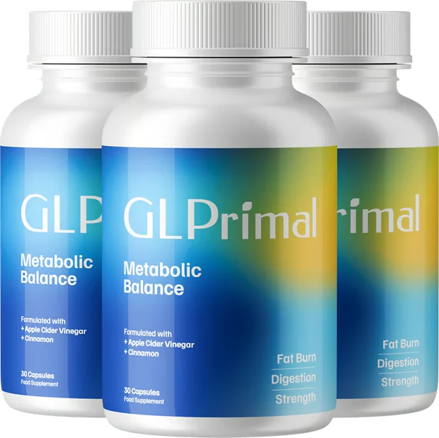 Trois flacons de GLPrimal Metabolic Balance alignés sur fond transparent